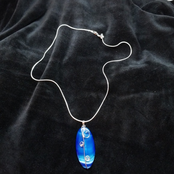 Jewelry - Polished blue agate stone wire wrapped necklace
